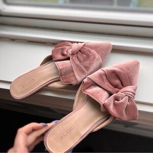 Aldo Women's Pink Velvet Bow Flat Mules
